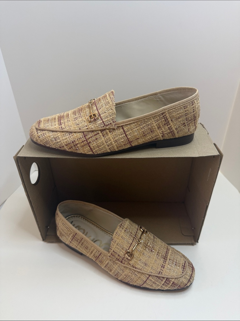 NIB Sam Edelman Tweed Loafers Size 7.5 Gold Accent Textured Plaid Flats - Picture 4 of 10